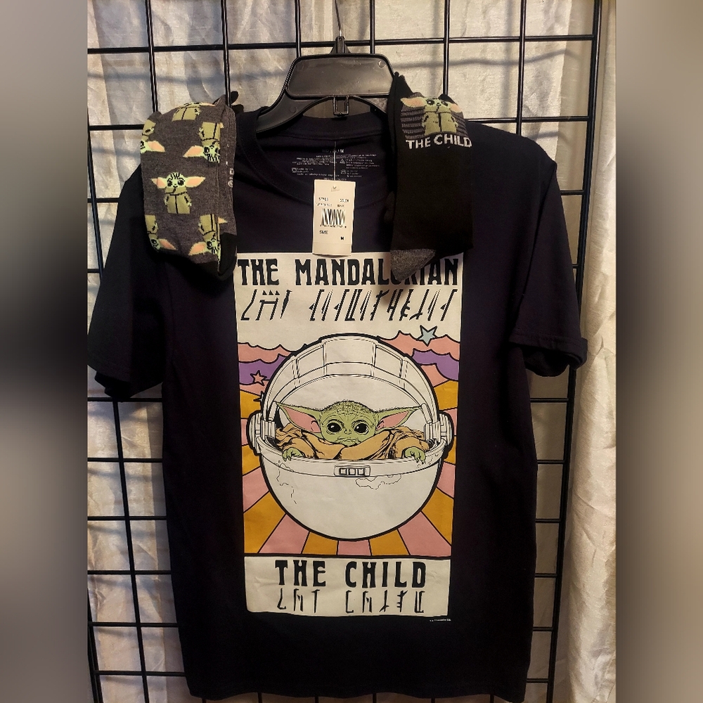 The Star Wars Mandalorian Black Tee. Baby Yoda Socks Sold seperately.